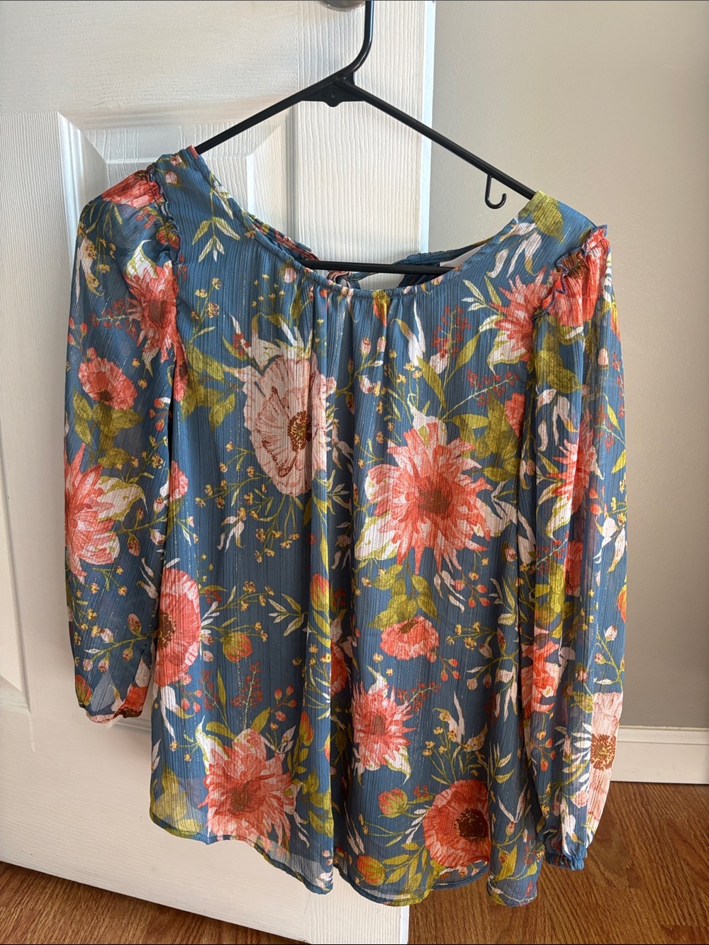 LC Lauren Conrad Blue Floral Peasant Blouse with Pink & Green Accents